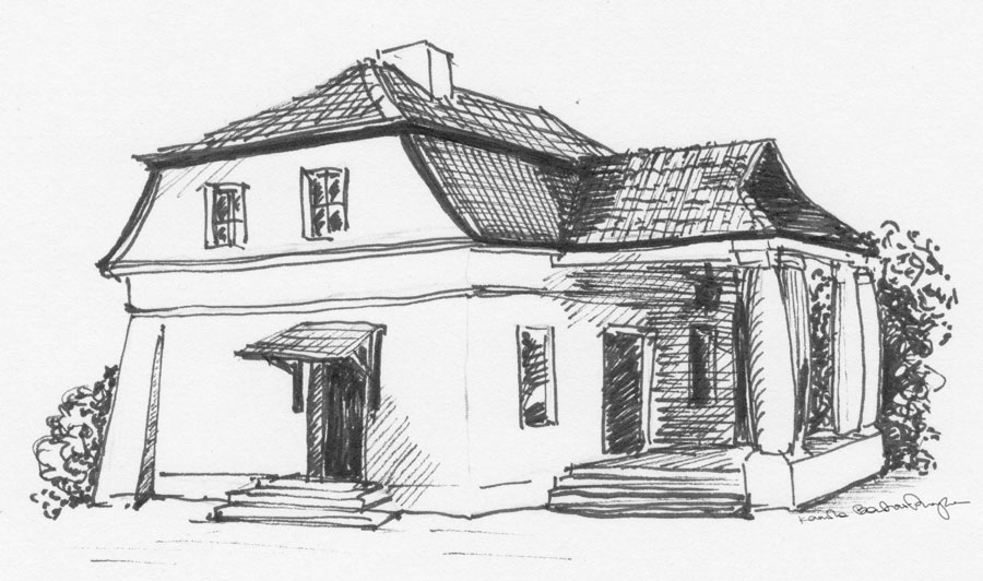 Rycina przedstawiająca zabytkowy budynek kolei wąskotorowej w Bogucinie.